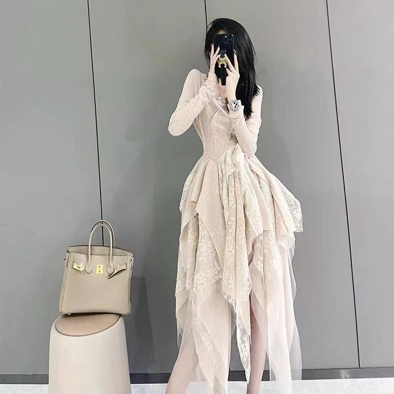 Beige Lace Layered Dress - ItemBear.com