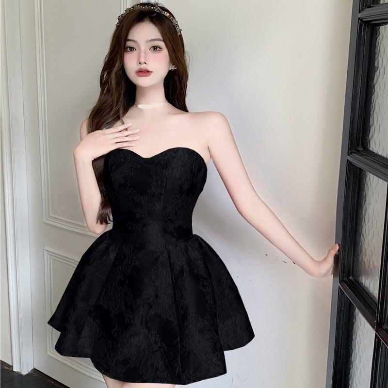 Black Floral Vintage Strapless Mini Dress - ItemBear.com