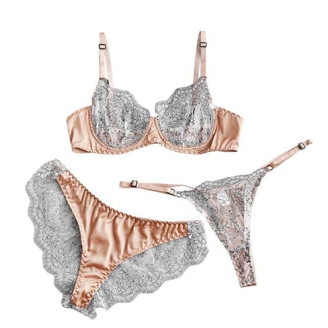 Brown Mesh Underwire Bra Three - Piece Panties Lingerie Set - ItemBear.com
