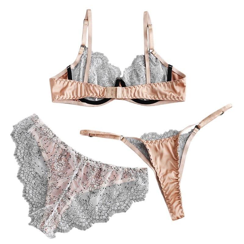 Brown Mesh Underwire Bra Three - Piece Panties Lingerie Set - ItemBear.com