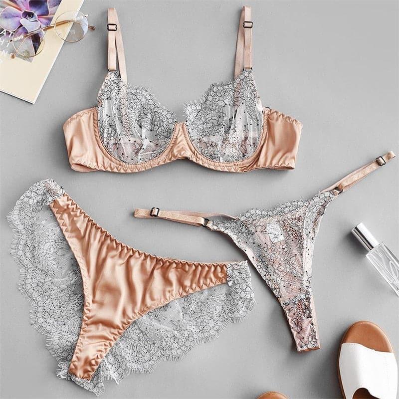 Brown Mesh Underwire Bra Three - Piece Panties Lingerie Set - ItemBear.com