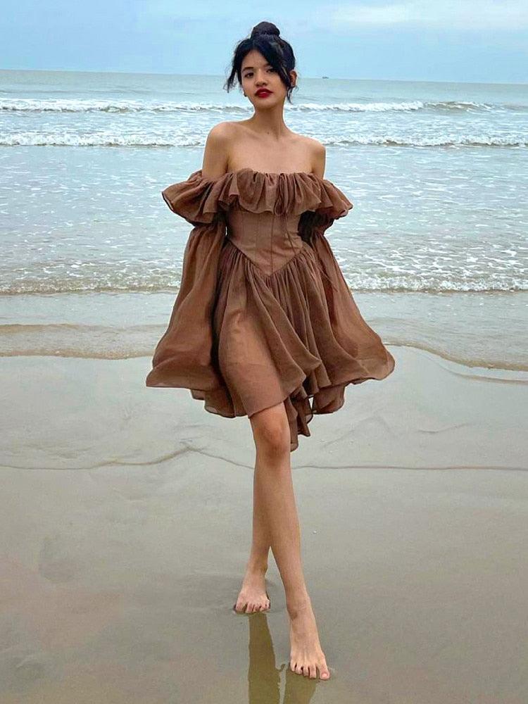 Brown Off Shoulder Flare Sleeve Mini Dress - ItemBear.com