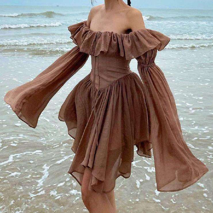 Brown Off Shoulder Flare Sleeve Mini Dress - ItemBear.com