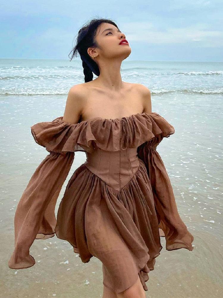 Brown Off Shoulder Flare Sleeve Mini Dress - ItemBear.com