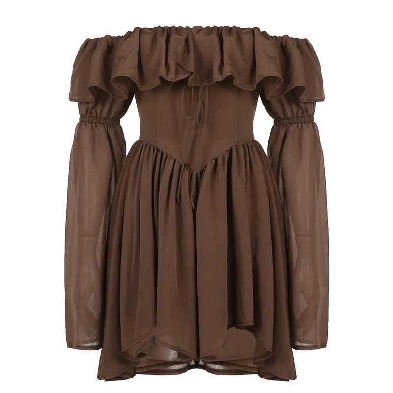 Brown Off Shoulder Flare Sleeve Mini Dress - ItemBear.com
