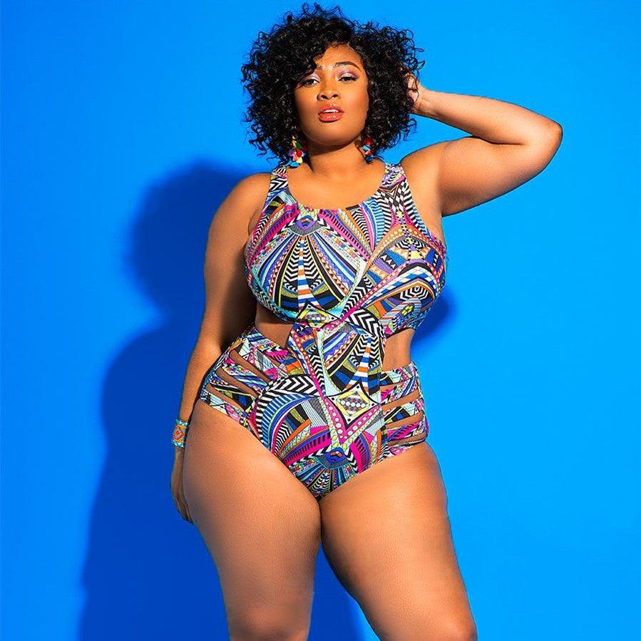 Cross - border new European and American women's large size one - piece swimsuit printed board belt sexy AliExpress plus fat bikini swimsuit - ItemBear.com