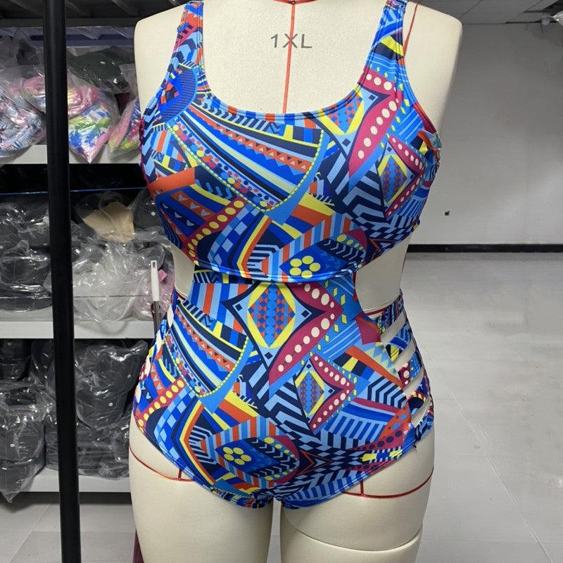 Cross - border new European and American women's large size one - piece swimsuit printed board belt sexy AliExpress plus fat bikini swimsuit - ItemBear.com