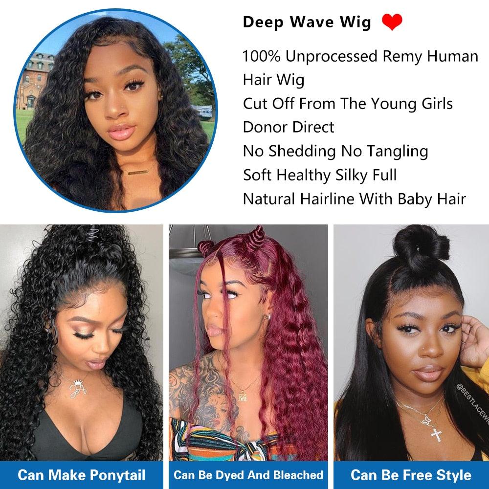 Deep Wave Closure Wig Human Hair Wigs Lace Frontal 13x6 Lace Front Wig PrePlucked Bleached Knots Wigs 13x4 Deep Wave Frontal Wig - ItemBear.com