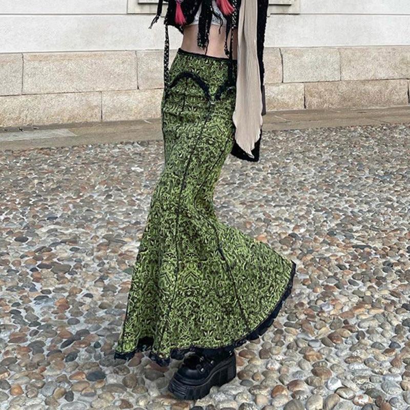 Design sense European and American retro printing reverse line lace edge irregular elastic waist slim fishtail long skirt - ItemBear.com