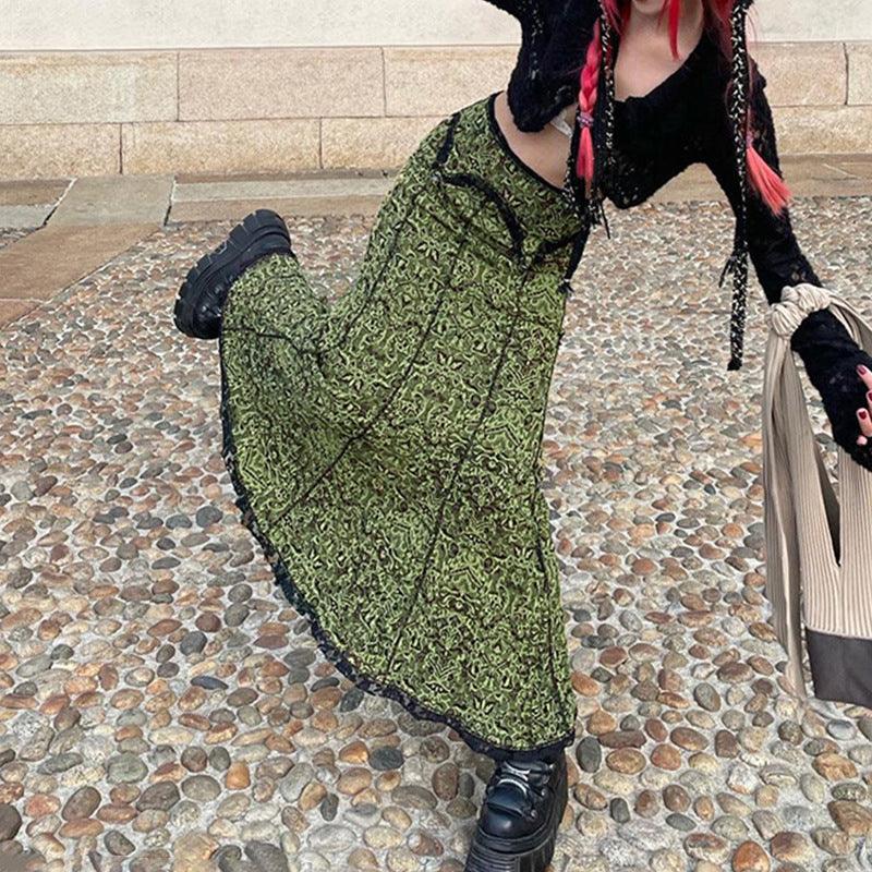 Design sense European and American retro printing reverse line lace edge irregular elastic waist slim fishtail long skirt - ItemBear.com