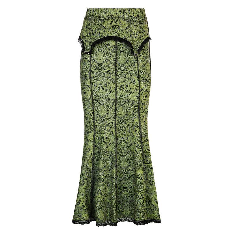 Design sense European and American retro printing reverse line lace edge irregular elastic waist slim fishtail long skirt - ItemBear.com