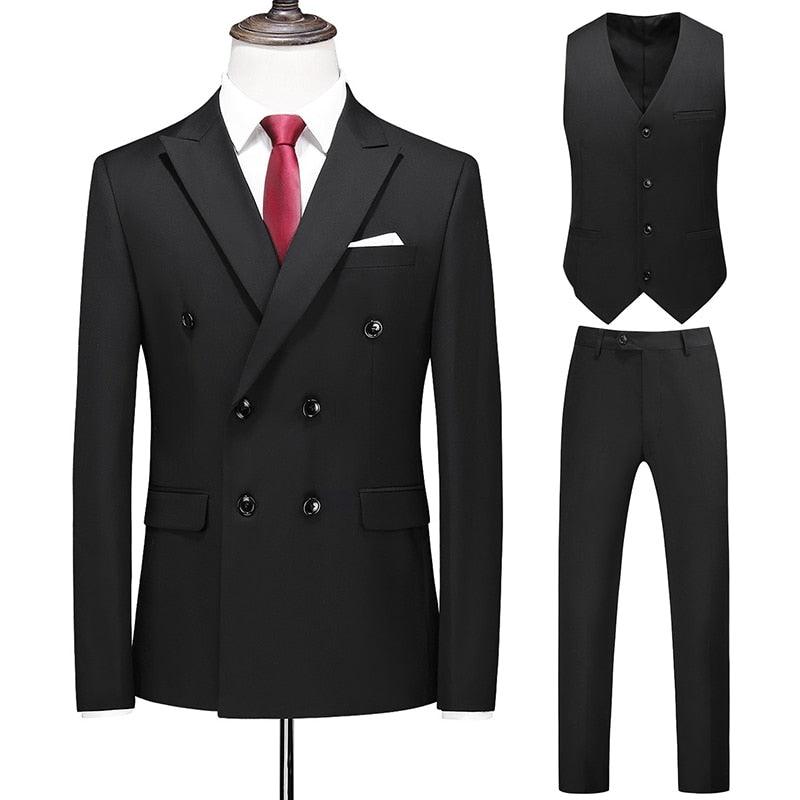 Dreiteiliger Männer Anzug Zweireiher Solide Business Formale Hochzeit Klassische Slim Fit Smoking Weste Jacke Hosen - ItemBear.com