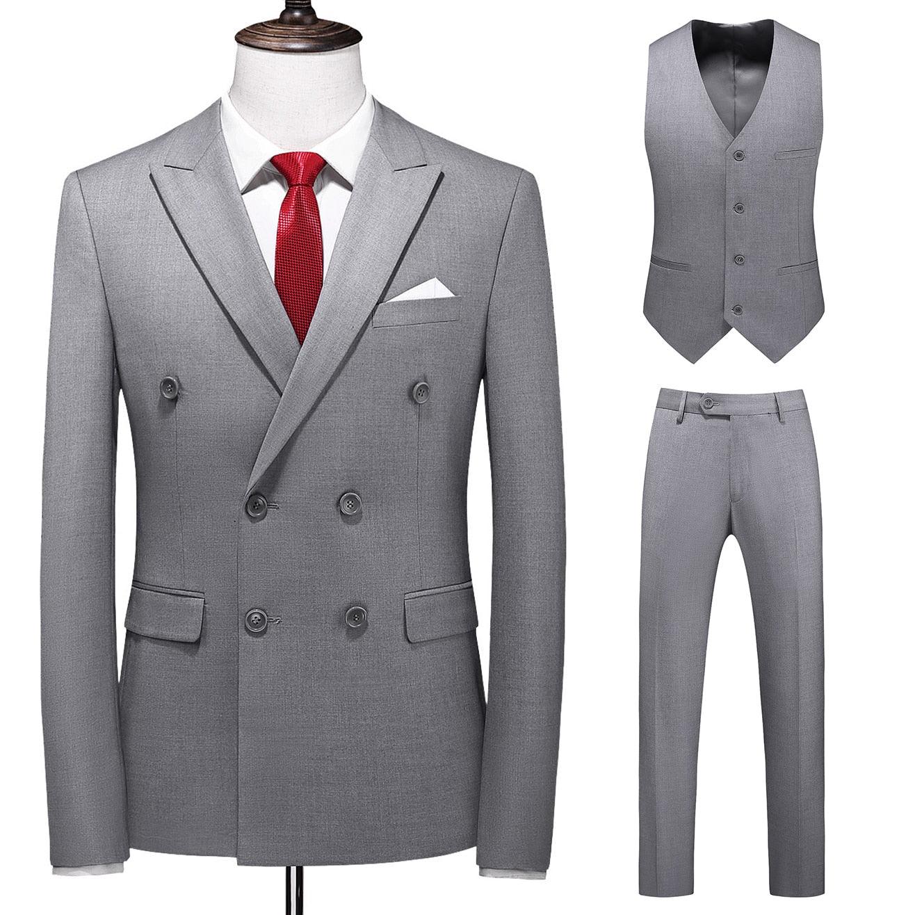 Dreiteiliger Männer Anzug Zweireiher Solide Business Formale Hochzeit Klassische Slim Fit Smoking Weste Jacke Hosen - ItemBear.com
