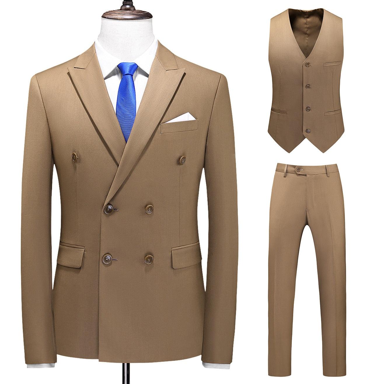 Dreiteiliger Männer Anzug Zweireiher Solide Business Formale Hochzeit Klassische Slim Fit Smoking Weste Jacke Hosen - ItemBear.com