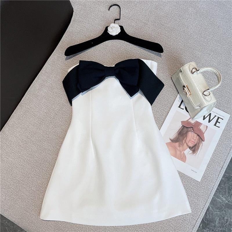 Elegant Black and White Bow Mini Dress - ItemBear.com