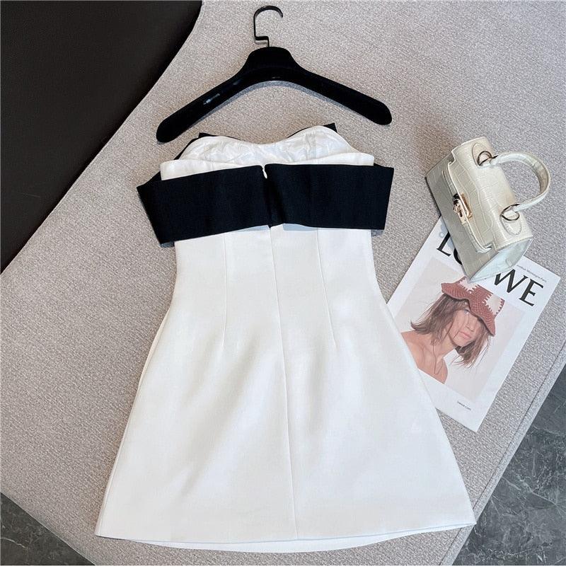 Elegant Black and White Bow Mini Dress - ItemBear.com