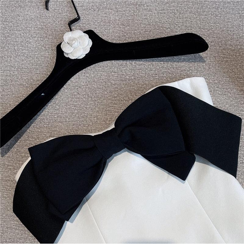 Elegant Black and White Bow Mini Dress - ItemBear.com