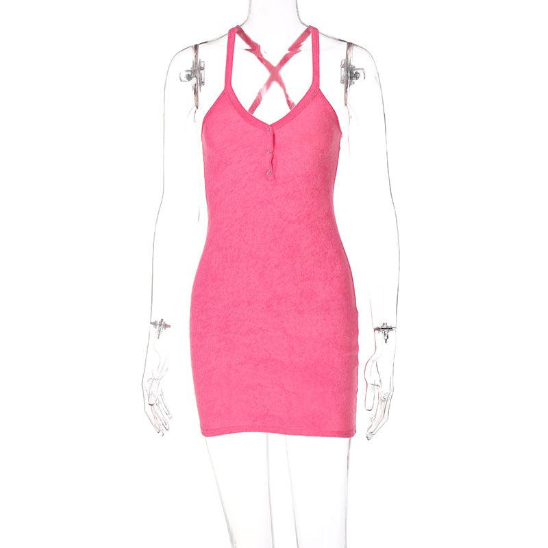 Europe and the United States cross-border women's clothing 2022 new summer fashion sling V-neck dark button slim dress Amazon wholesale - ItemBear.com