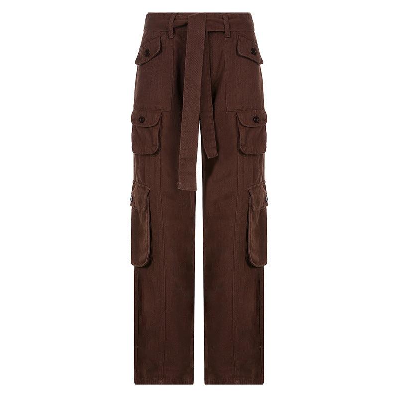 European and American style street hipster women's casual loose drawstring belt high waist pocket gray wide leg denim trousers - ItemBear.com