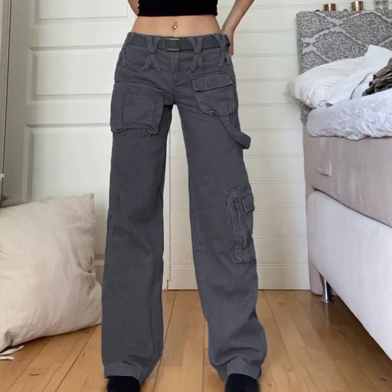 European and American style street hipster women's casual loose drawstring belt high waist pocket gray wide leg denim trousers - ItemBear.com