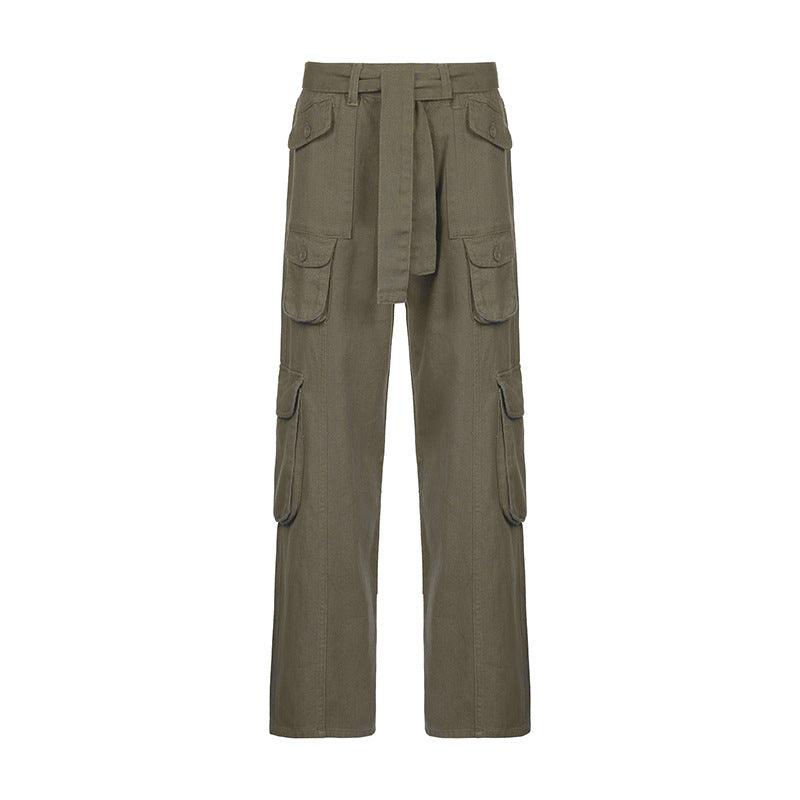 European and American style street hipster women's casual loose drawstring belt high waist pocket gray wide leg denim trousers - ItemBear.com