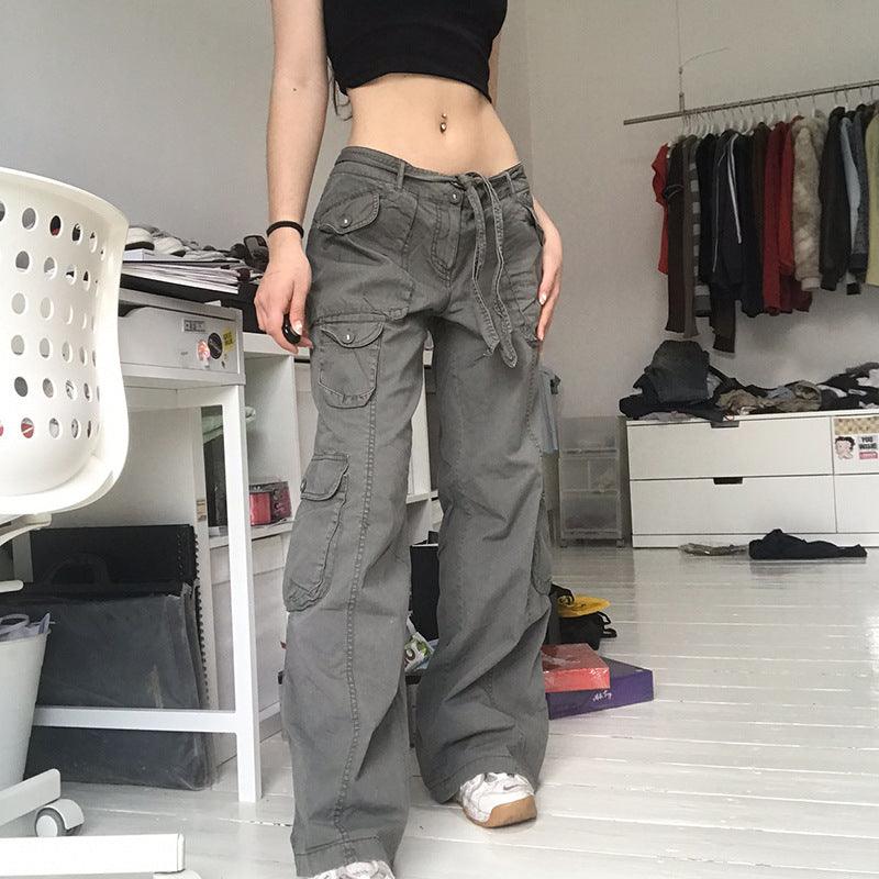 European and American style street hipster women's casual loose drawstring belt high waist pocket gray wide leg denim trousers - ItemBear.com