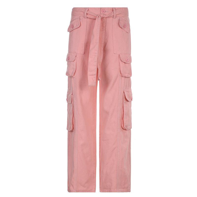 European and American style street hipster women's casual loose drawstring belt high waist pocket gray wide leg denim trousers - ItemBear.com