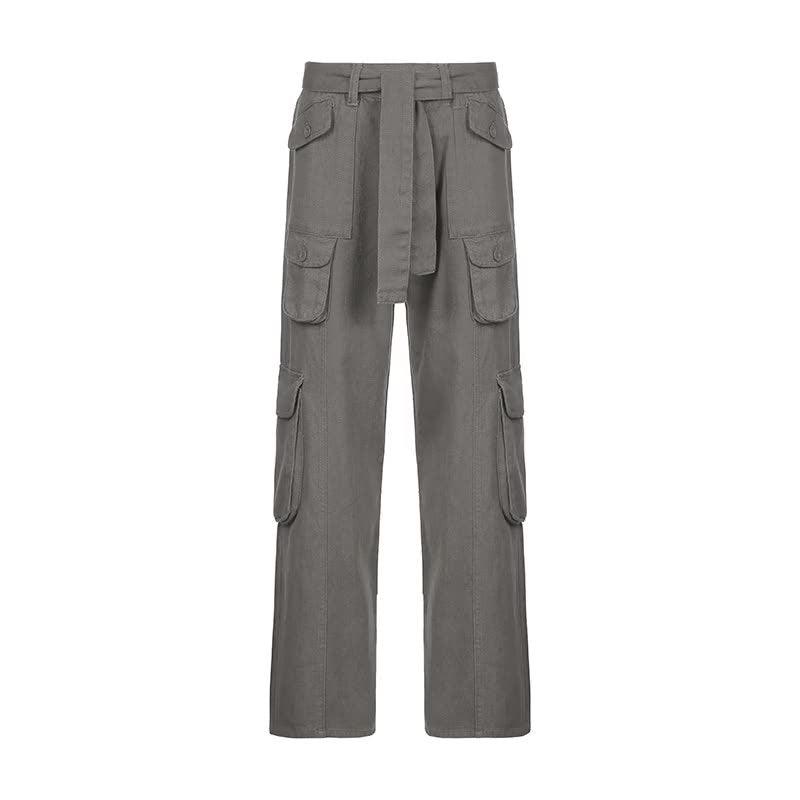 European and American style street hipster women's casual loose drawstring belt high waist pocket gray wide leg denim trousers - ItemBear.com