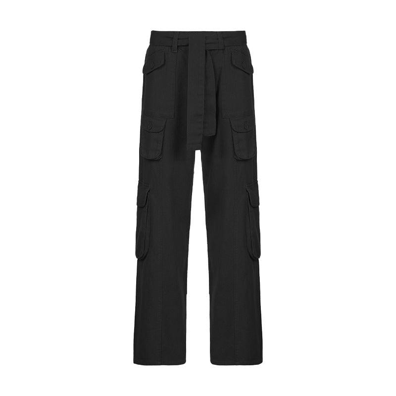 European and American style street hipster women's casual loose drawstring belt high waist pocket gray wide leg denim trousers - ItemBear.com