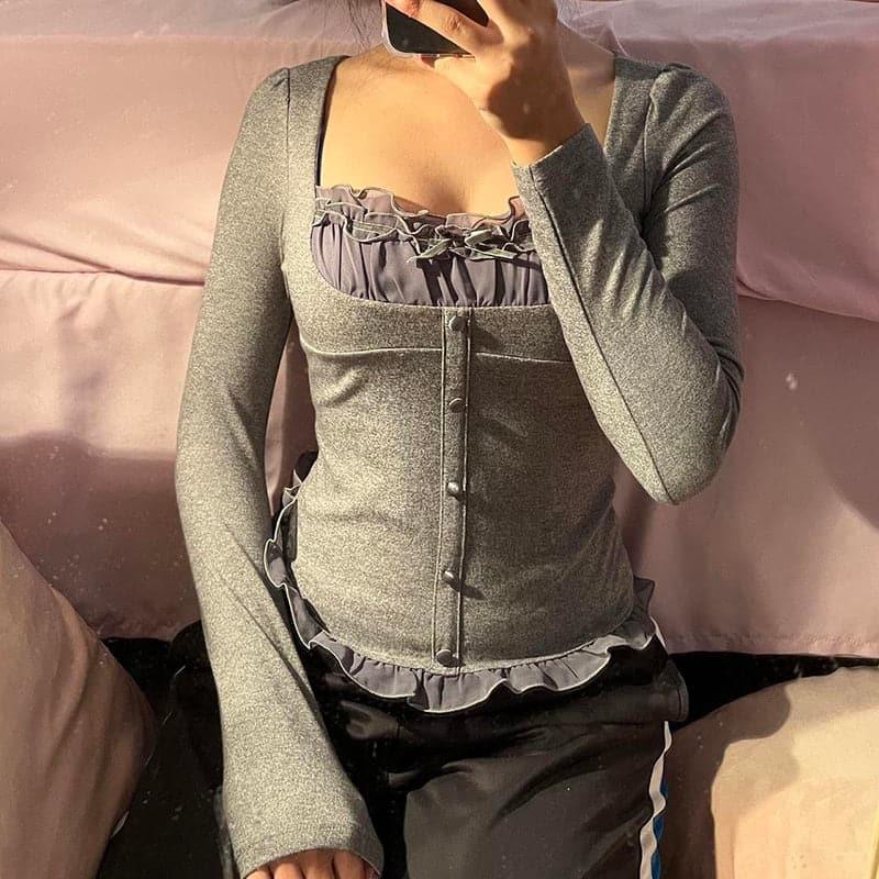 Fairycore Square Neck Lace Long Sleeve Top - ItemBear.com