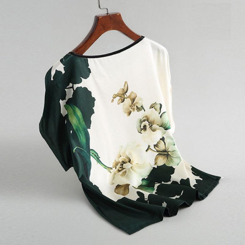 Fashion Floral Print Blouse Pullover Ladies Silk Satin Blouses Plus Size Batwing Sleeve Vintage Print Casual Short Sleeve Tops - ItemBear.com