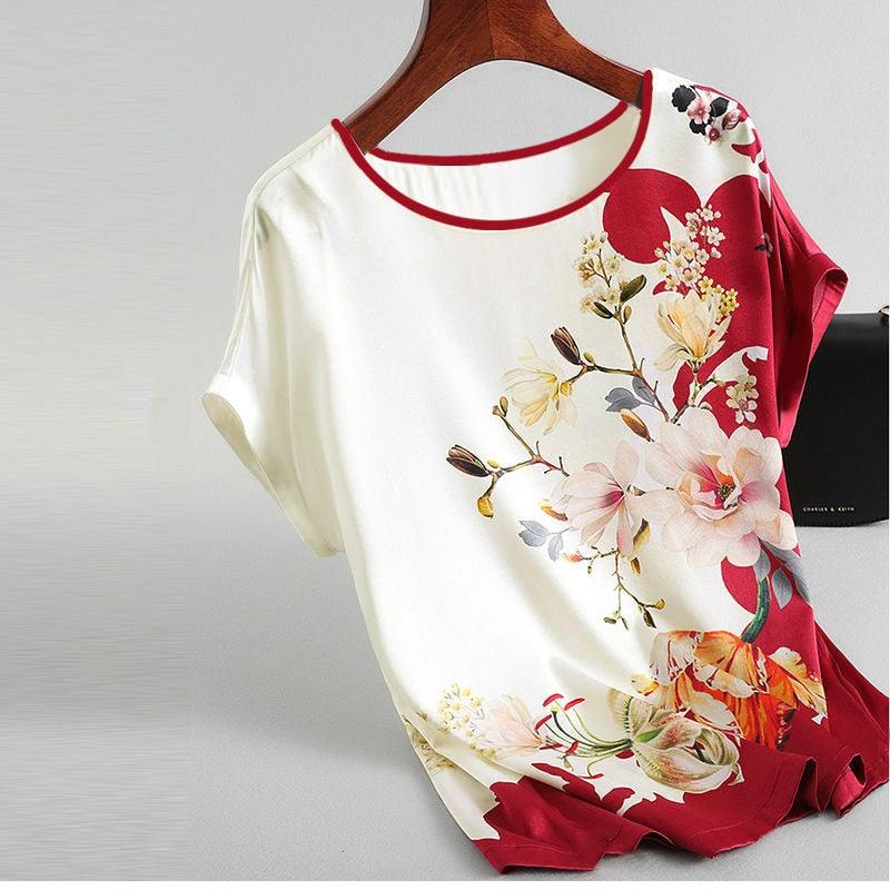 Fashion Floral Print Blouse Pullover Ladies Silk Satin Blouses Plus Size Batwing Sleeve Vintage Print Casual Short Sleeve Tops - ItemBear.com