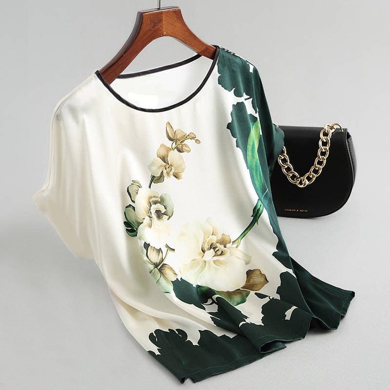Fashion Floral Print Blouse Pullover Ladies Silk Satin Blouses Plus Size Batwing Sleeve Vintage Print Casual Short Sleeve Tops - ItemBear.com