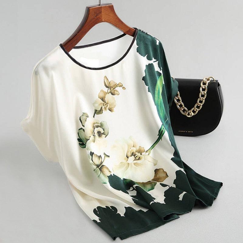Fashion Floral Print Blouse Pullover Ladies Silk Satin Blouses Plus Size Batwing Sleeve Vintage Print Casual Short Sleeve Tops - ItemBear.com