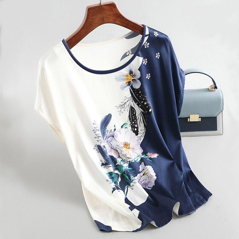 Fashion Floral Print Blouse Pullover Ladies Silk Satin Blouses Plus Size Batwing Sleeve Vintage Print Casual Short Sleeve Tops - ItemBear.com