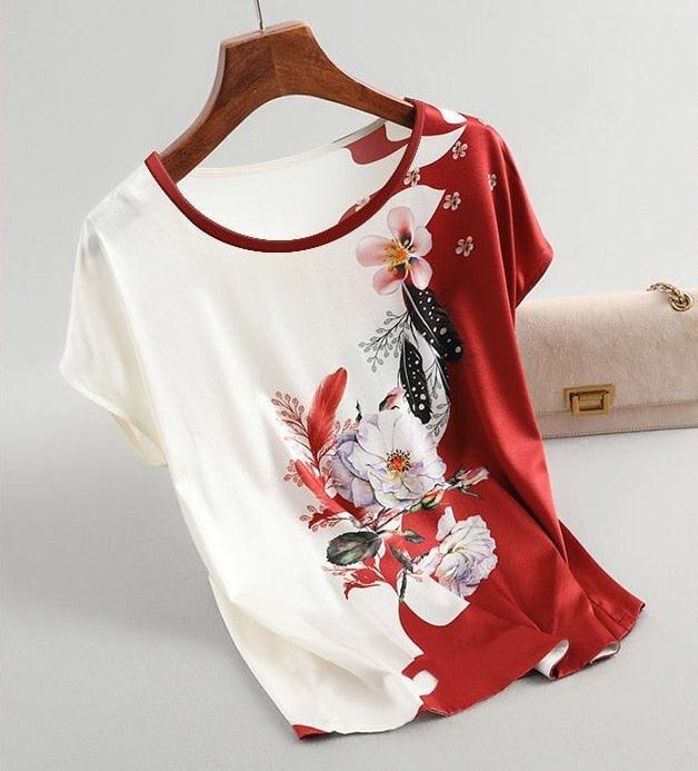 Fashion Floral Print Blouse Pullover Ladies Silk Satin Blouses Plus Size Batwing Sleeve Vintage Print Casual Short Sleeve Tops - ItemBear.com
