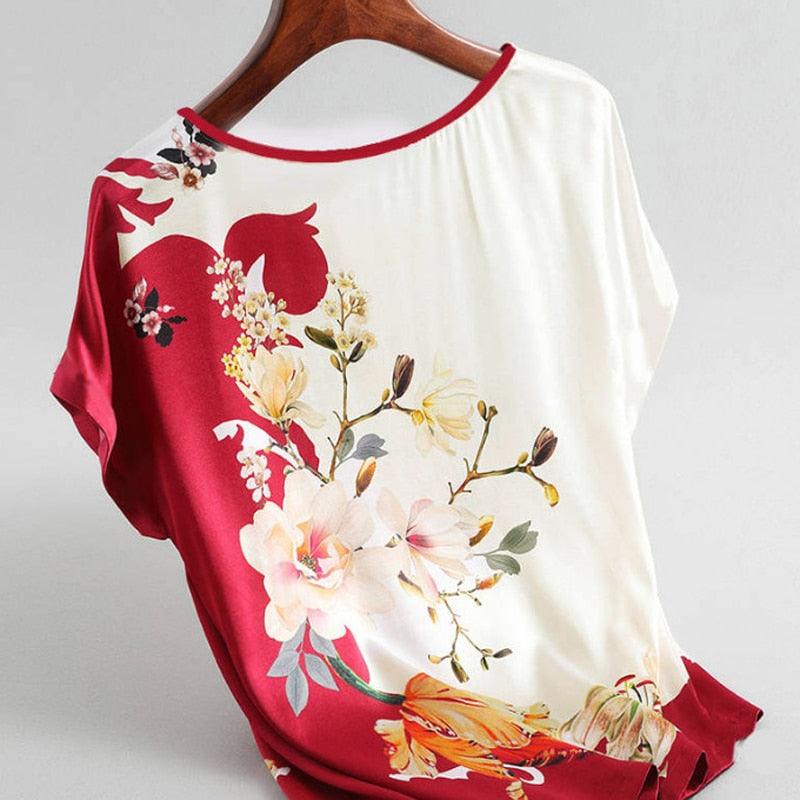 Fashion Floral Print Blouse Pullover Ladies Silk Satin Blouses Plus Size Batwing Sleeve Vintage Print Casual Short Sleeve Tops - ItemBear.com