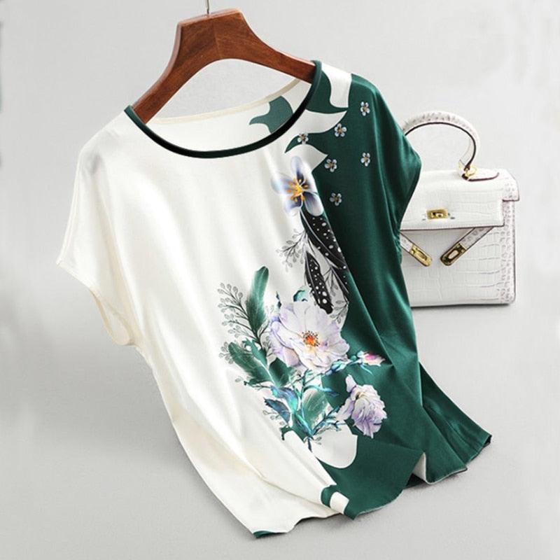 Fashion Floral Print Blouse Pullover Ladies Silk Satin Blouses Plus Size Batwing Sleeve Vintage Print Casual Short Sleeve Tops - ItemBear.com