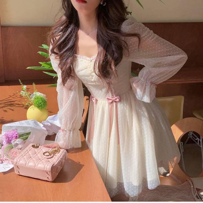 French shirt dress autumn new French super fairy forest high waist thin polka dot bow short skirt - ItemBear.com
