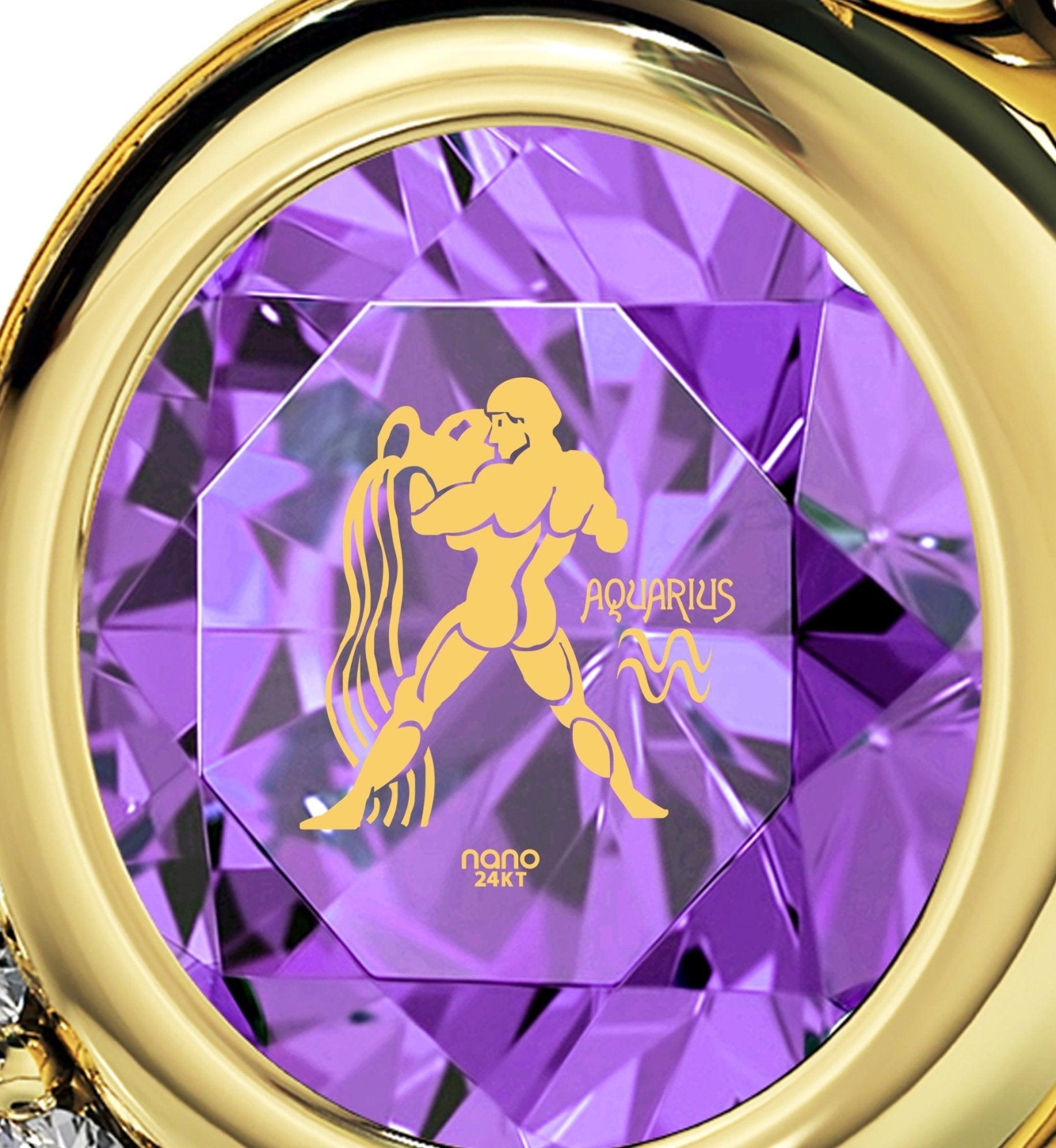 Gold Plated Silver Zodiac Heart Pendant Aquarius Necklace 24k Gold inscribed on Crystal - ItemBear.com