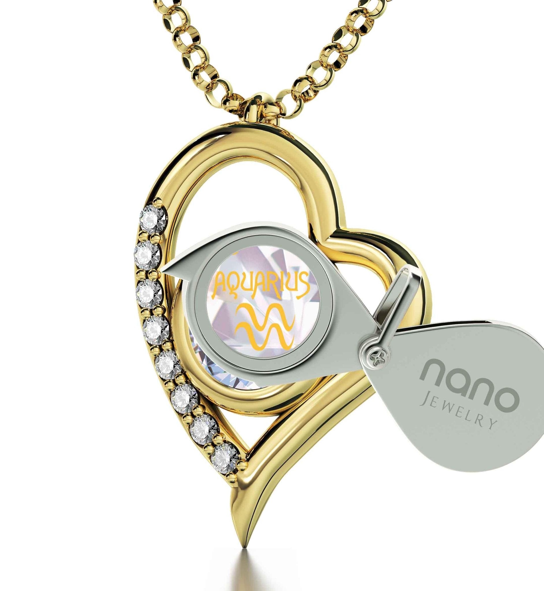 Gold Plated Silver Zodiac Heart Pendant Aquarius Necklace 24k Gold inscribed on Crystal - ItemBear.com