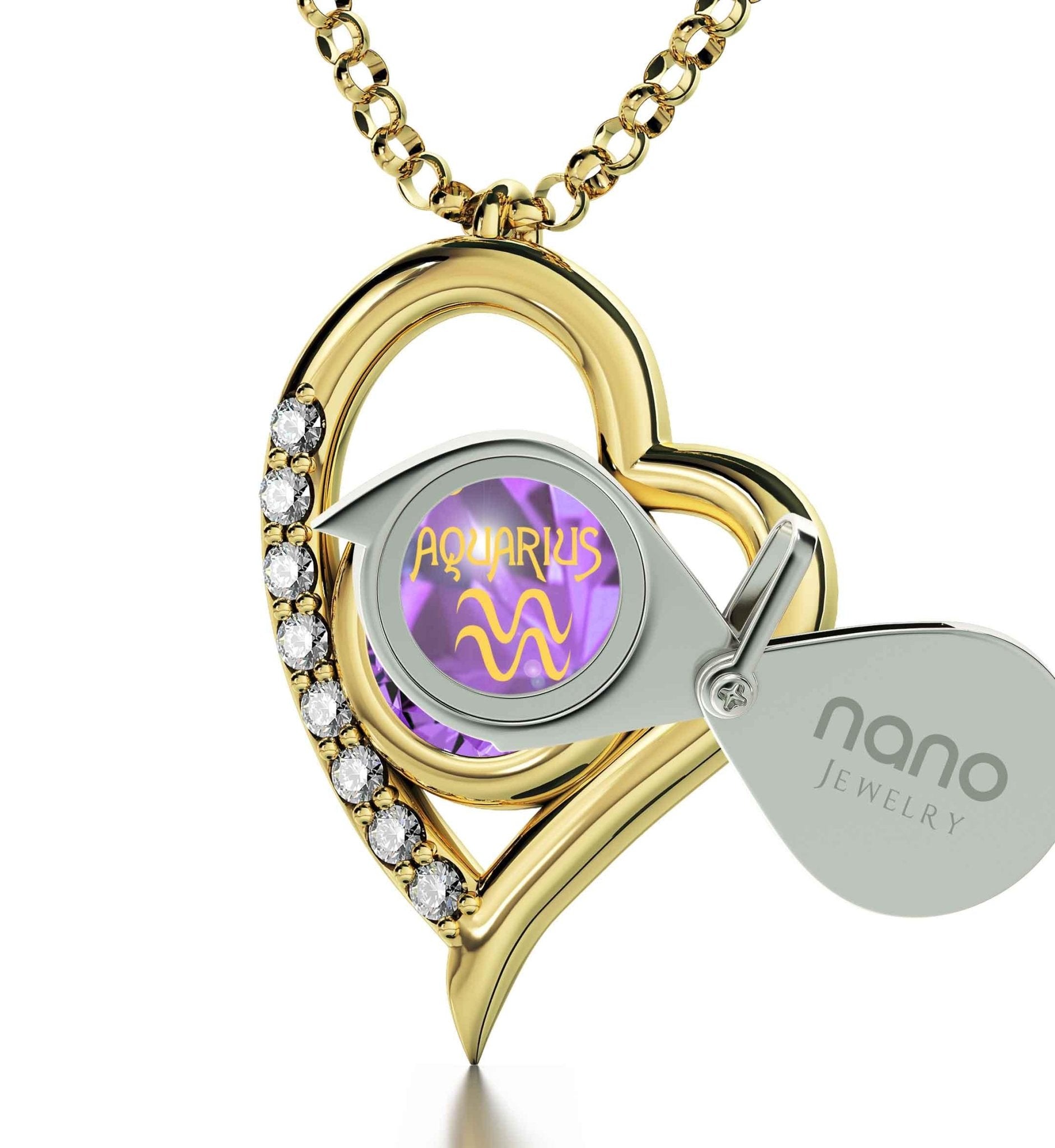 Gold Plated Silver Zodiac Heart Pendant Aquarius Necklace 24k Gold inscribed on Crystal - ItemBear.com