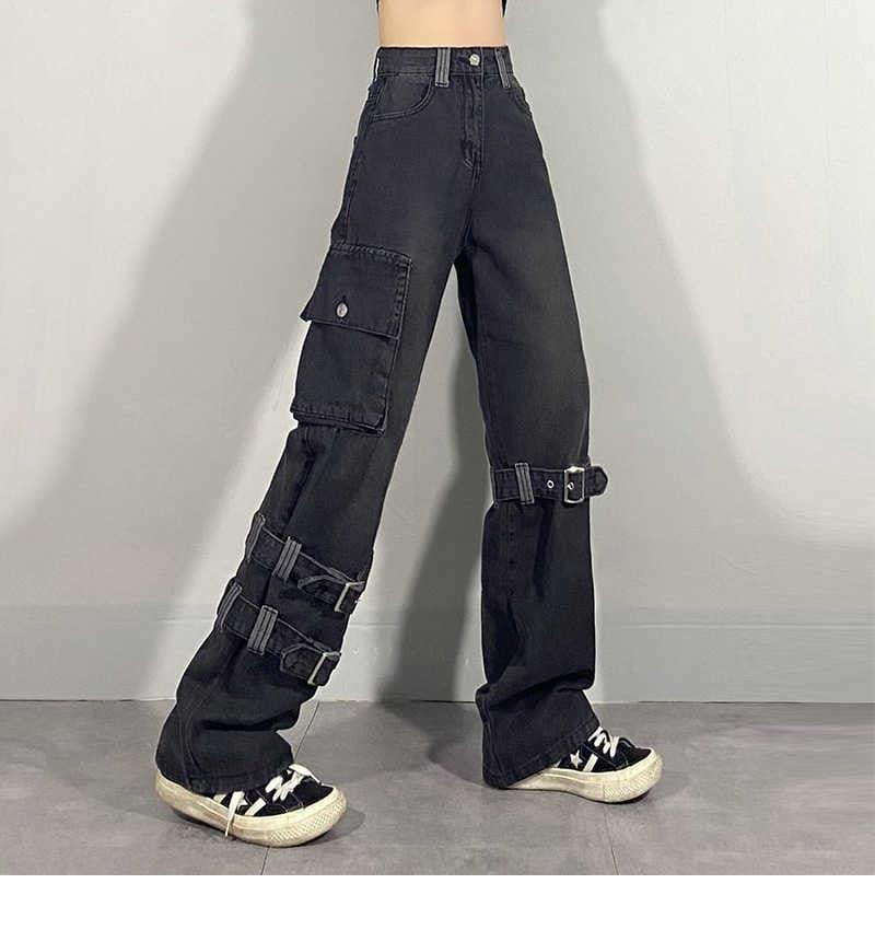 Goth Black Buckle Cargo Loose Jeans - ItemBear.com