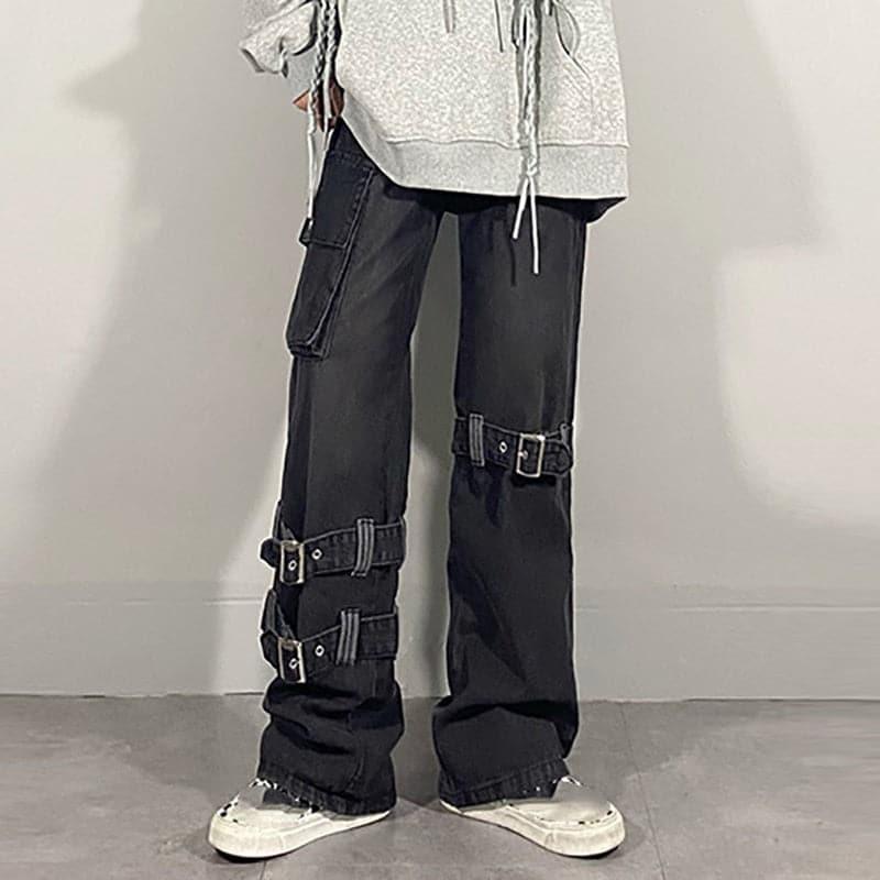 Goth Black Buckle Cargo Loose Jeans - ItemBear.com