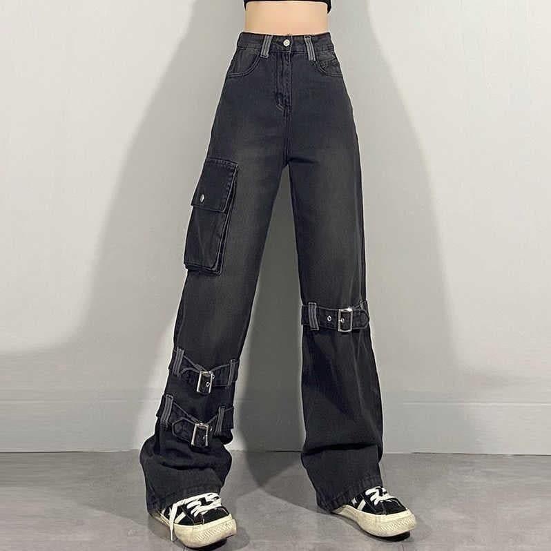 Goth Black Buckle Cargo Loose Jeans - ItemBear.com