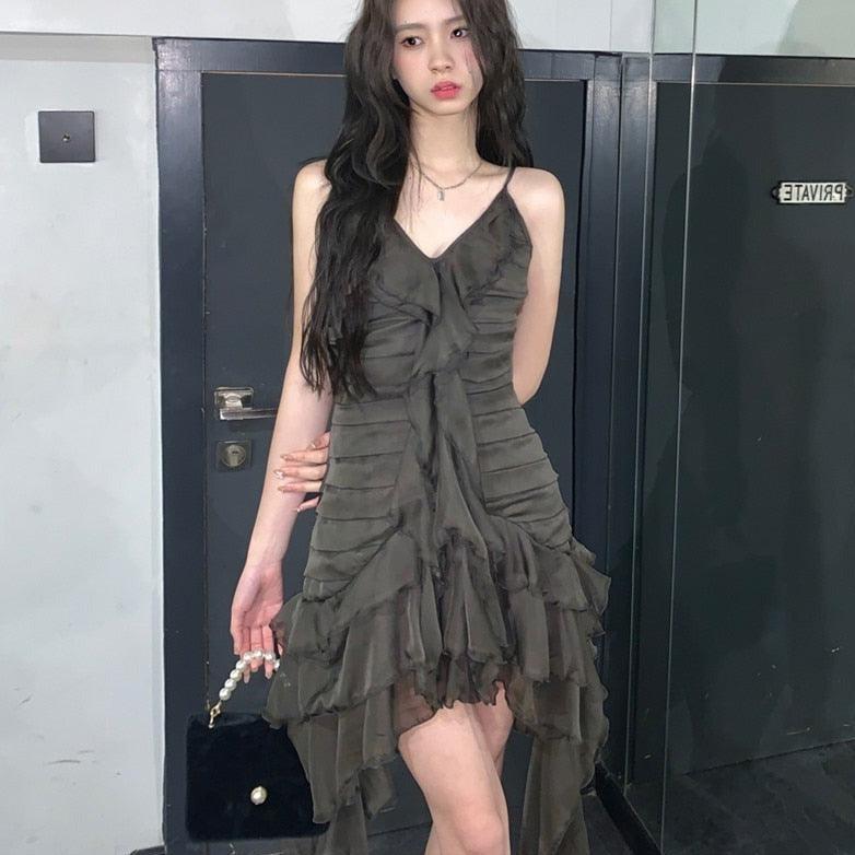 Goth Gray Bandage Ruffles Midi Dress - ItemBear.com