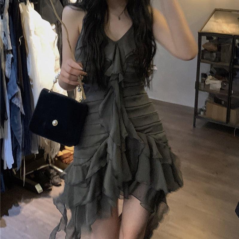 Goth Gray Bandage Ruffles Midi Dress - ItemBear.com