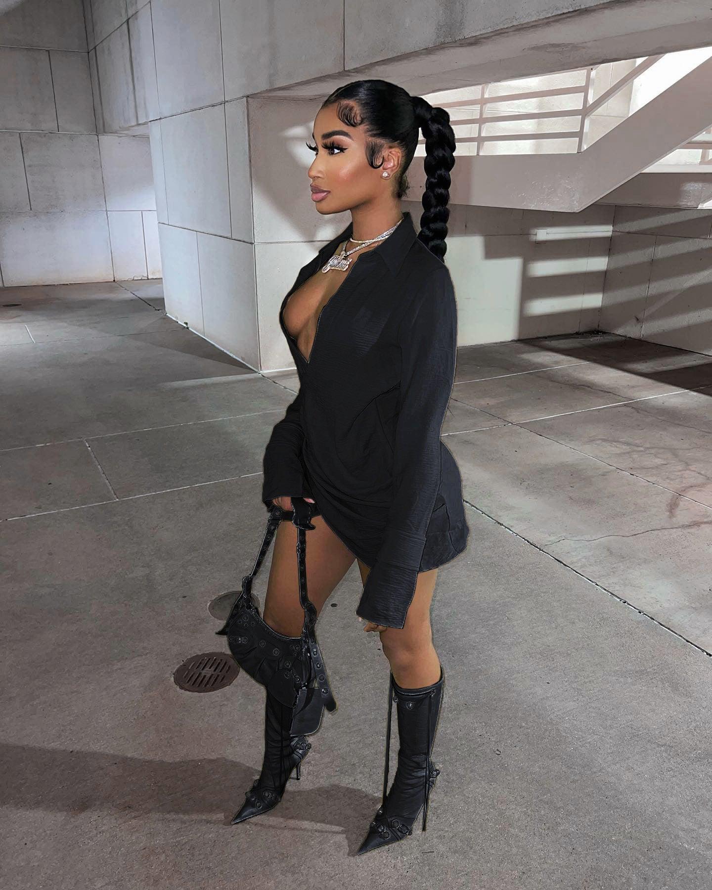 Happy Hour Plunge Mini Shirt Dress - ItemBear.com