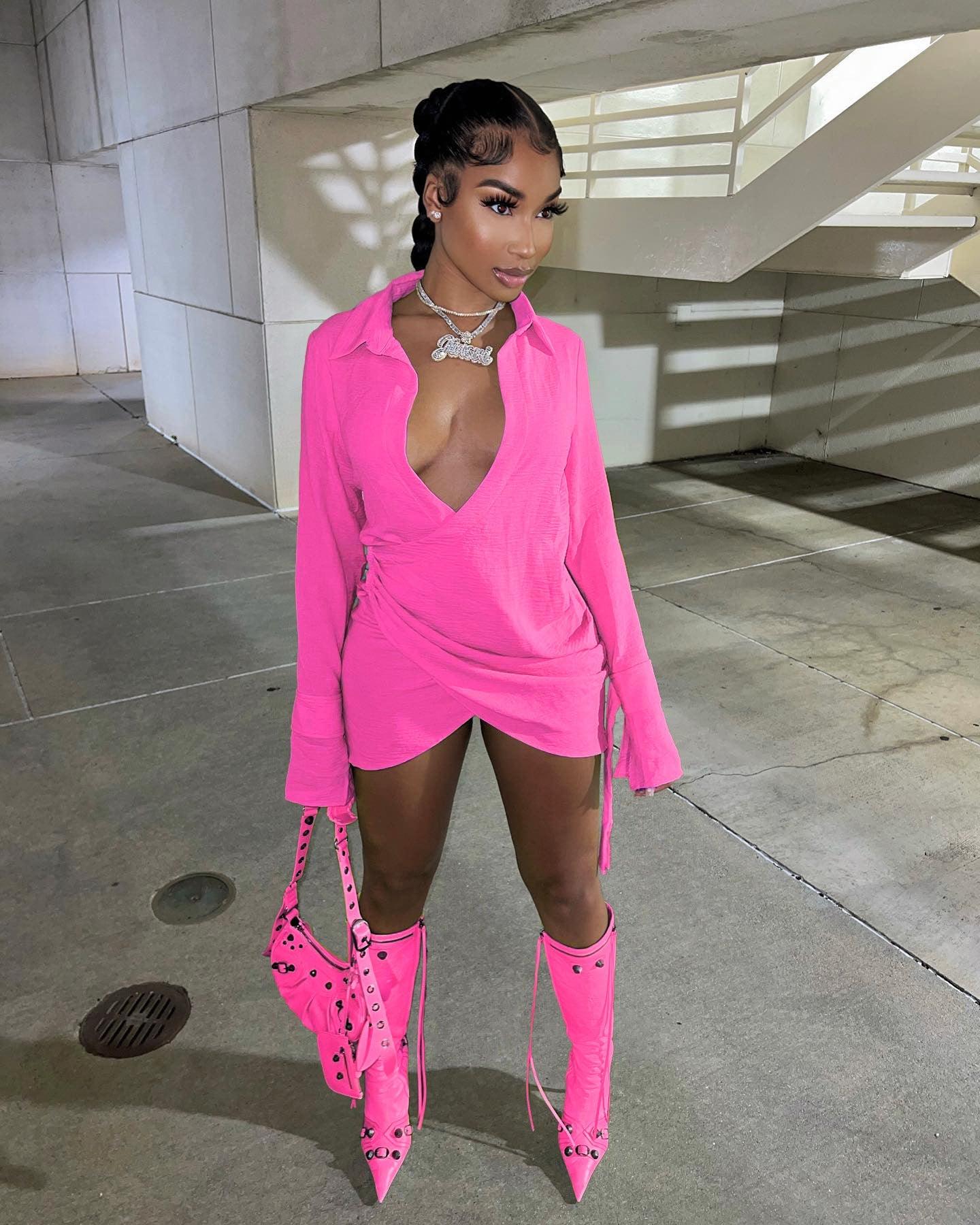 Happy Hour Plunge Mini Shirt Dress - ItemBear.com