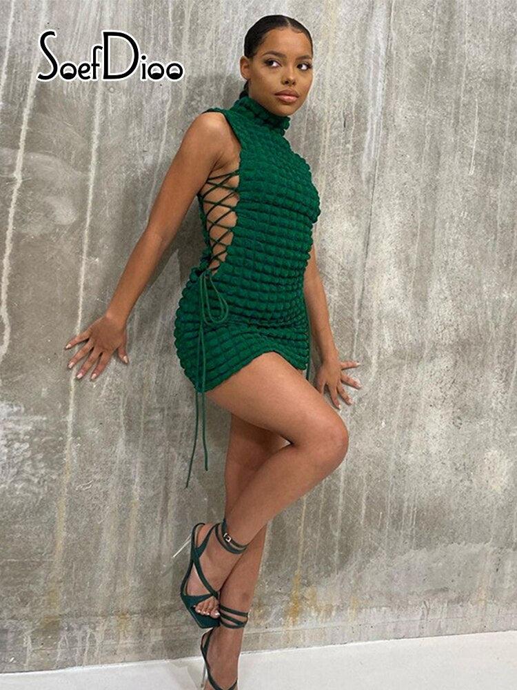 High Neck Solid Sleeve Lace Up Mini Dress - ItemBear.com